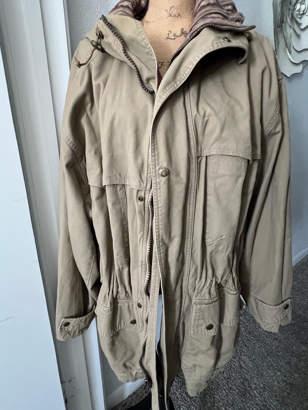 Woolrich Tan Hooded Zip Southwestern Aztec Lined Chore Utility Coat Jacket - Picture 4 of 11